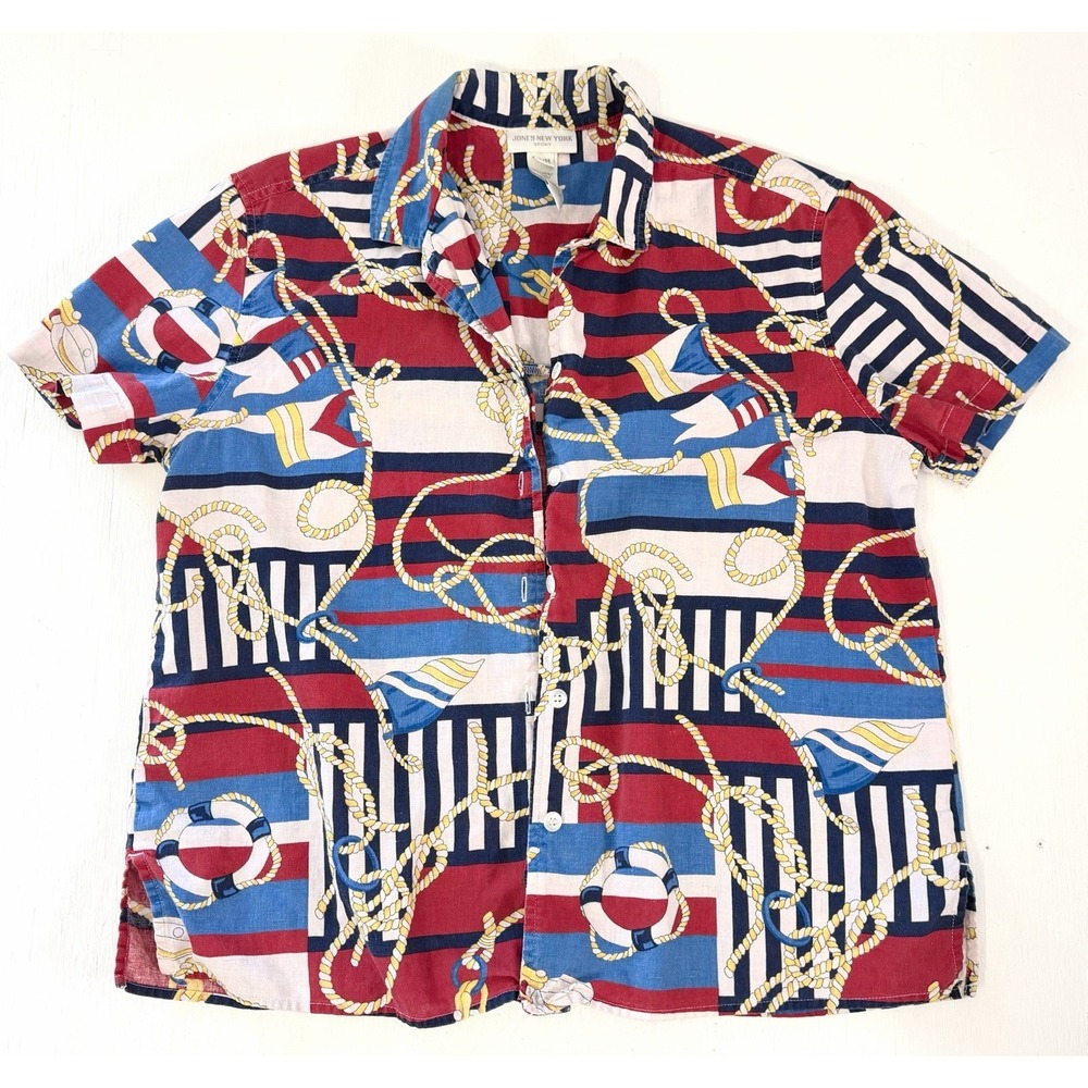 Vintage Nautical Womens Blouse Medium Jones New York Linen Blend Coastal Top